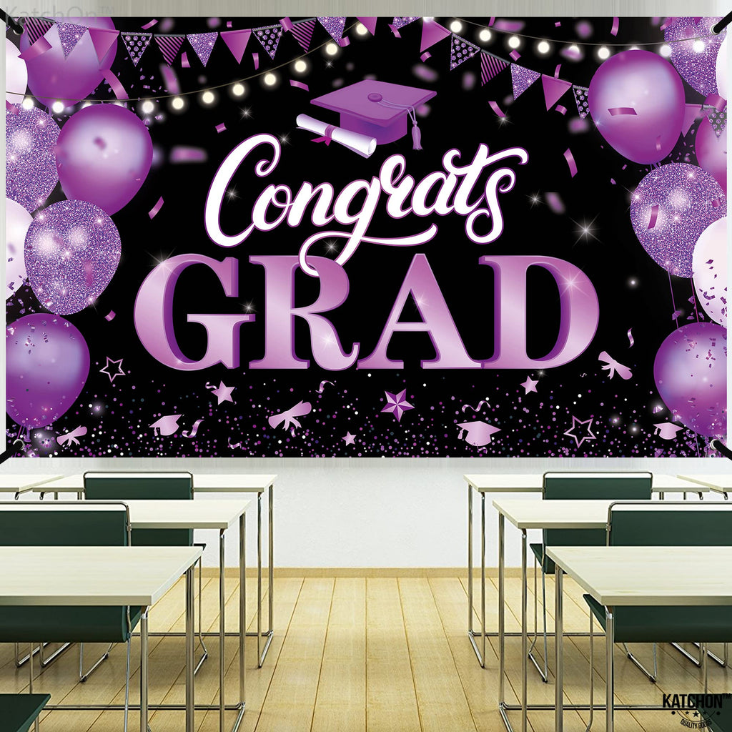KatchOn 72x44 Inch Purple & Black Congrats Grad Banner for Class of 2026 – Reusable Cloth Fabric Graduation Decorations