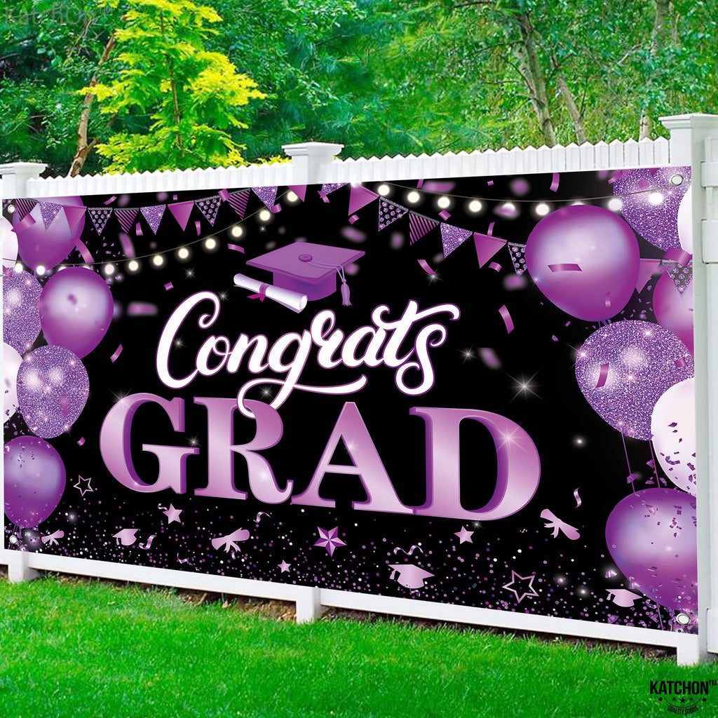 KatchOn 72x44 Inch Purple & Black Congrats Grad Banner for Class of 2026 – Reusable Cloth Fabric Graduation Decorations