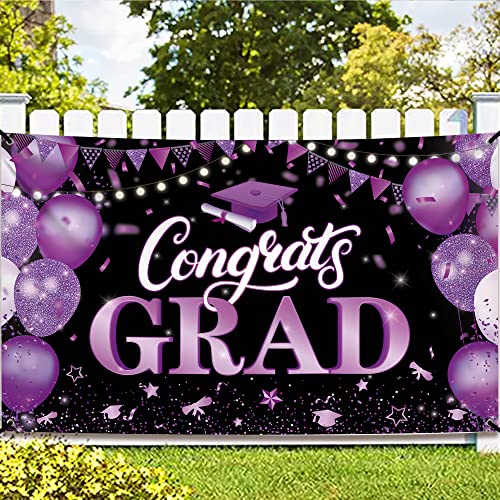 KatchOn 72x44 Inch Purple & Black Congrats Grad Banner for Class of 2026 – Reusable Cloth Fabric Graduation Decorations