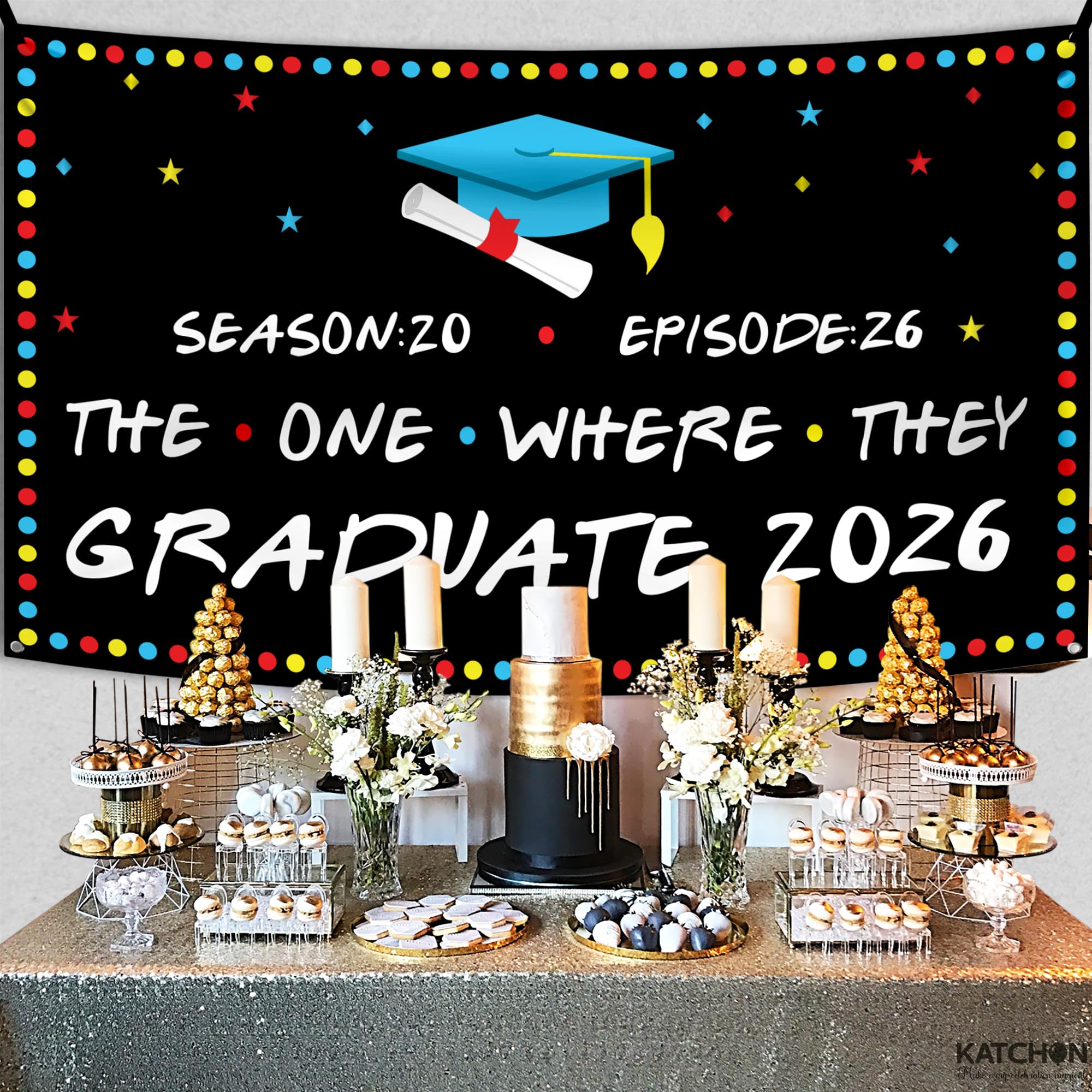 KatchOn 72x44 Inch The One Where They Graduate Backdrop 2026 - Cloth Graduation Banner for Class of 2026 Party Decorations