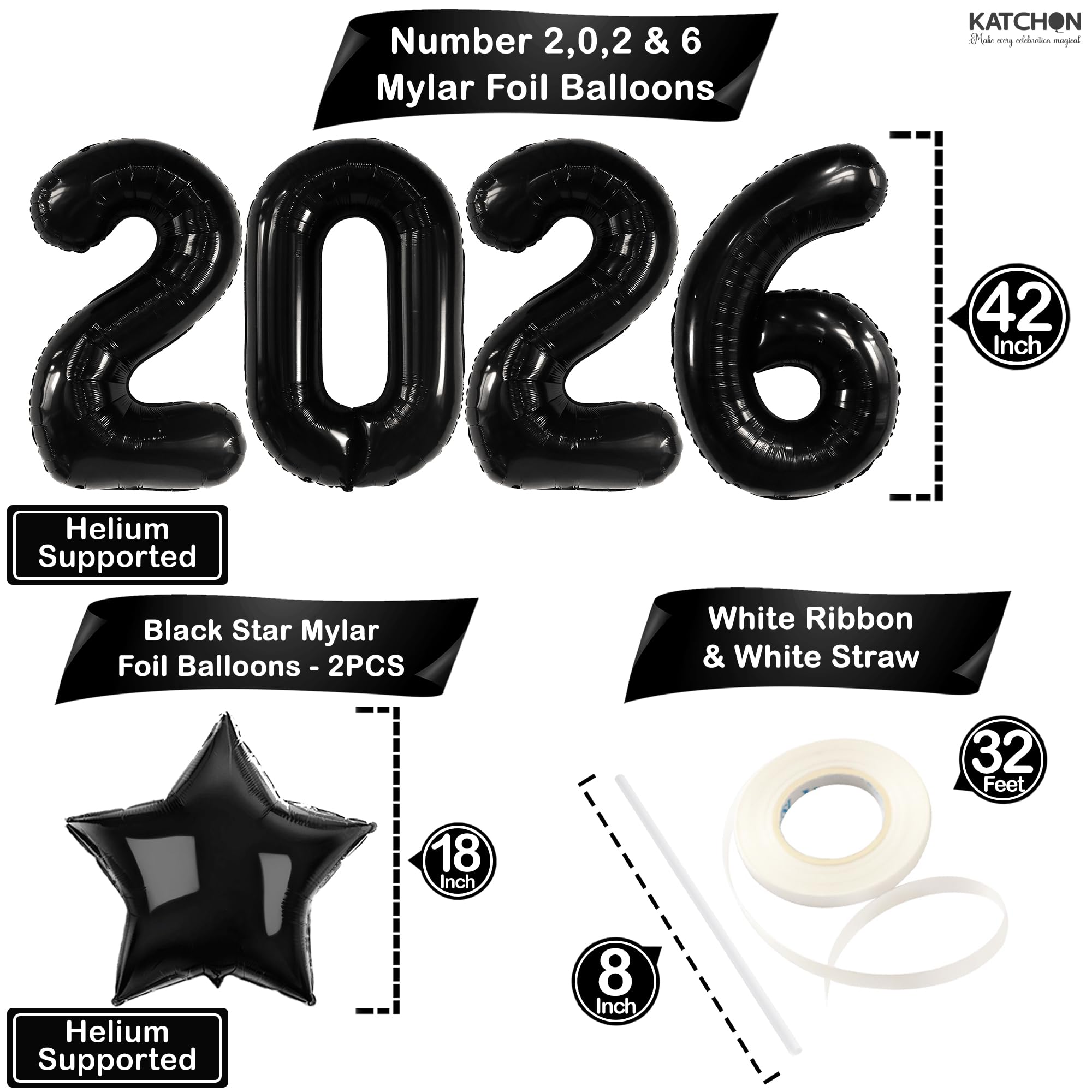 KatchOn Big Black 2026 Balloons 42 Inch - Graduation Decor with Star Balloon