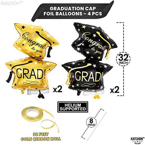 KatchOn Black and Gold Graduation Cap Balloons - 32 Inch, Pack of 4, Class of 2026 Foil Balloons