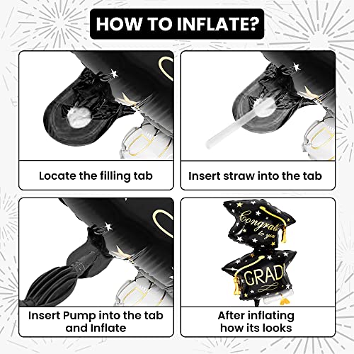 KatchOn Black and Gold Graduation Cap Balloons - 32 Inch, Pack of 4, Class of 2026 Foil Balloons