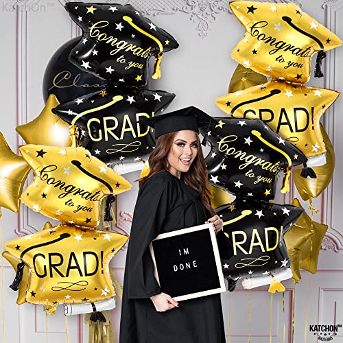 KatchOn Black and Gold Graduation Cap Balloons - 32 Inch, Pack of 4, Class of 2026 Foil Balloons