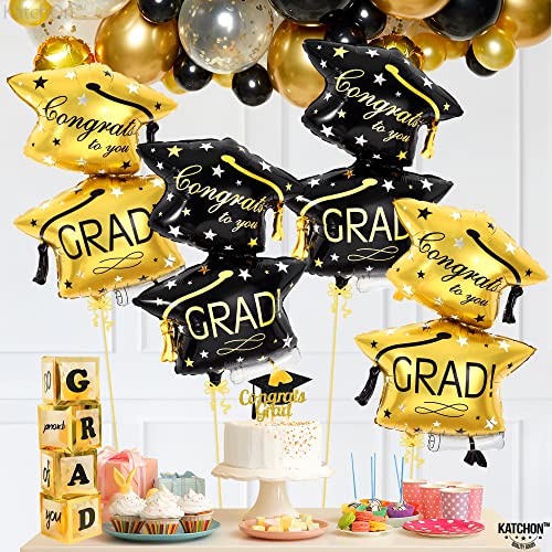 KatchOn Black and Gold Graduation Cap Balloons - 32 Inch, Pack of 4, Class of 2026 Foil Balloons