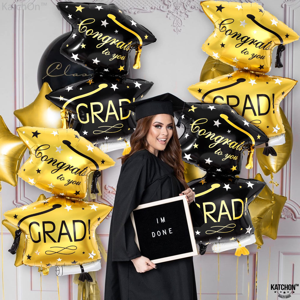 KatchOn Black and Gold Graduation Cap Balloons - 32 Inch, Pack of 4, Class of 2026 Foil Balloons