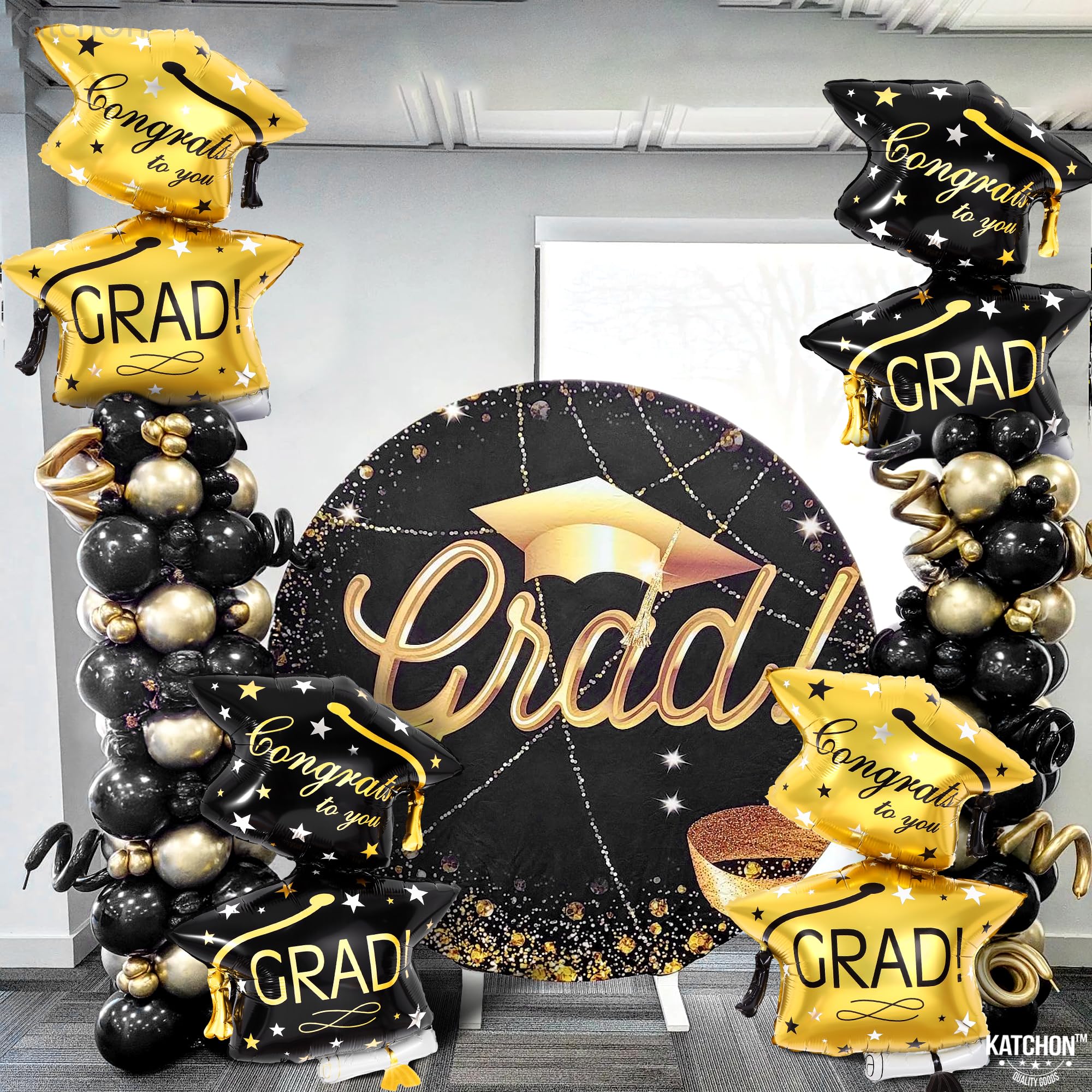 KatchOn Black and Gold Graduation Cap Balloons - 32 Inch, Pack of 4, Class of 2026 Foil Balloons