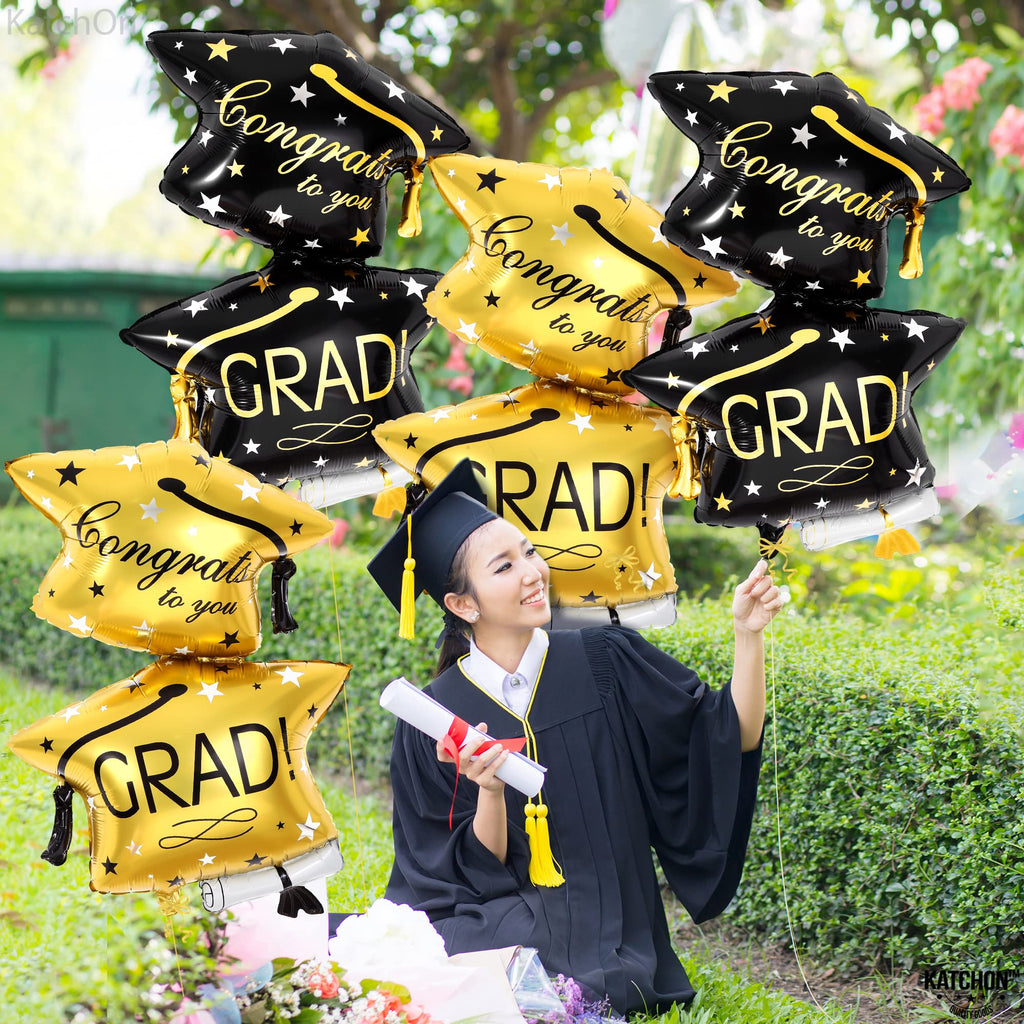 KatchOn Black and Gold Graduation Cap Balloons - 32 Inch, Pack of 4, Class of 2026 Foil Balloons