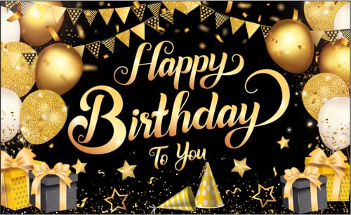 KatchOn Black and Gold Happy Birthday Banner - Extra Large 72x44 Inch Cloth Backdrop for Birthday Party Decorations