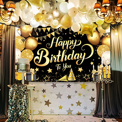 KatchOn Black and Gold Happy Birthday Banner - Extra Large 72x44 Inch Cloth Backdrop for Birthday Party Decorations