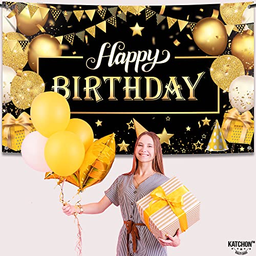 KatchOn Black and Gold Happy Birthday Banner – 72x44 Inch Reusable Fabric Backdrop for Men & Women