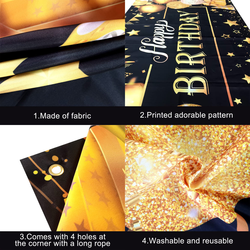 KatchOn Black and Gold Happy Birthday Banner – 72x44 Inch Reusable Fabric Backdrop for Men & Women