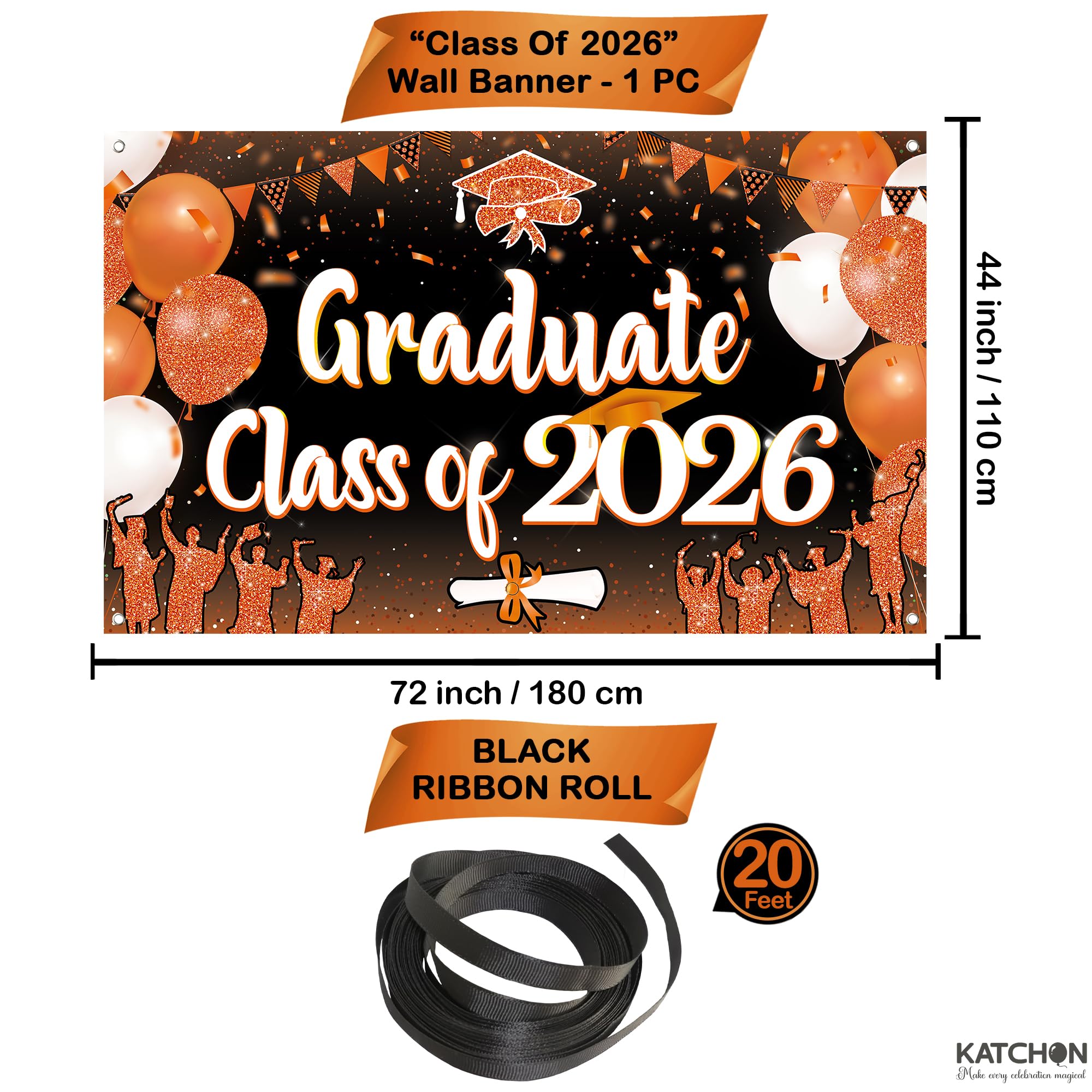 KatchOn Class of 2026 Graduation Banner - Orange & Black - 72 x 44 Inches