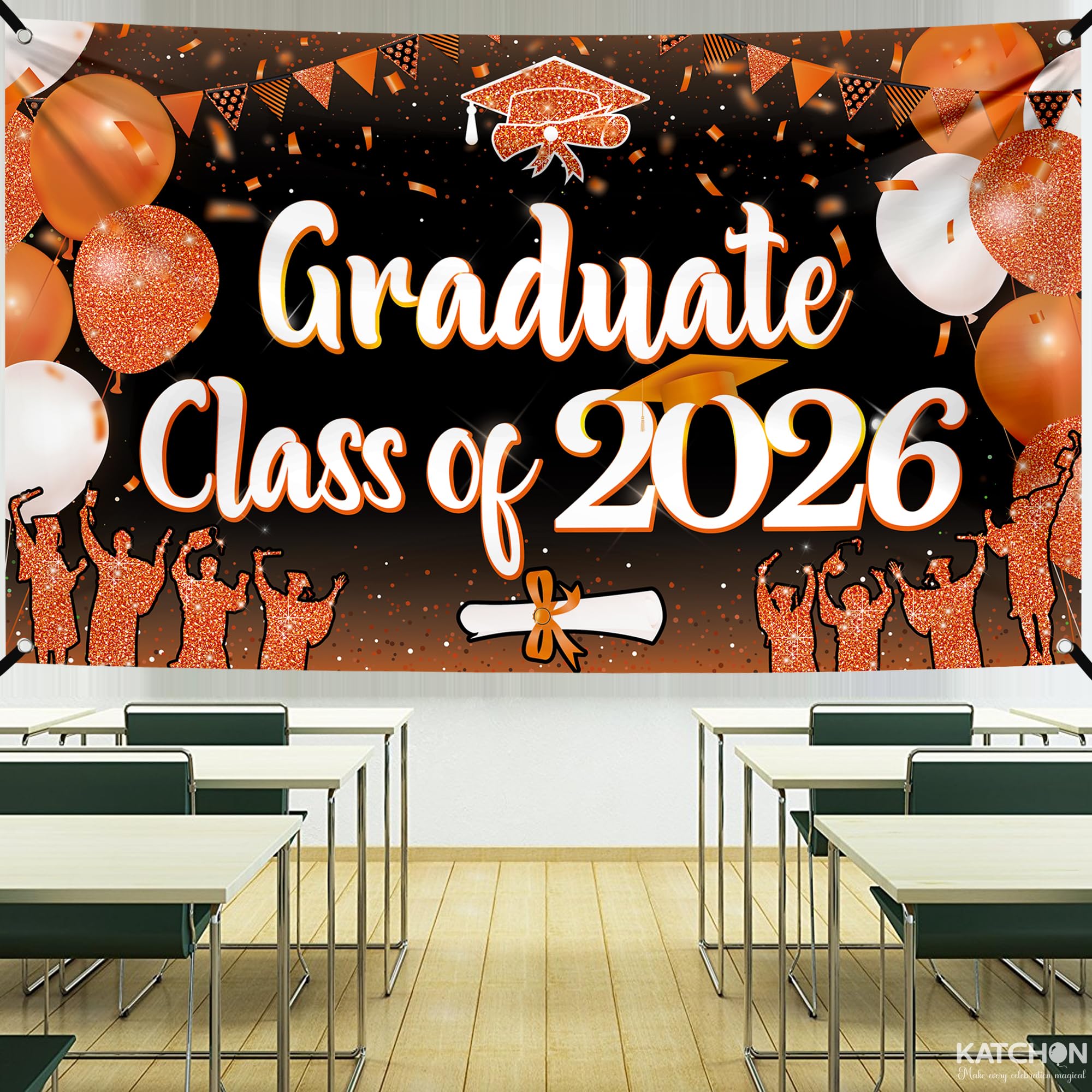 KatchOn Class of 2026 Graduation Banner - Orange & Black - 72 x 44 Inches