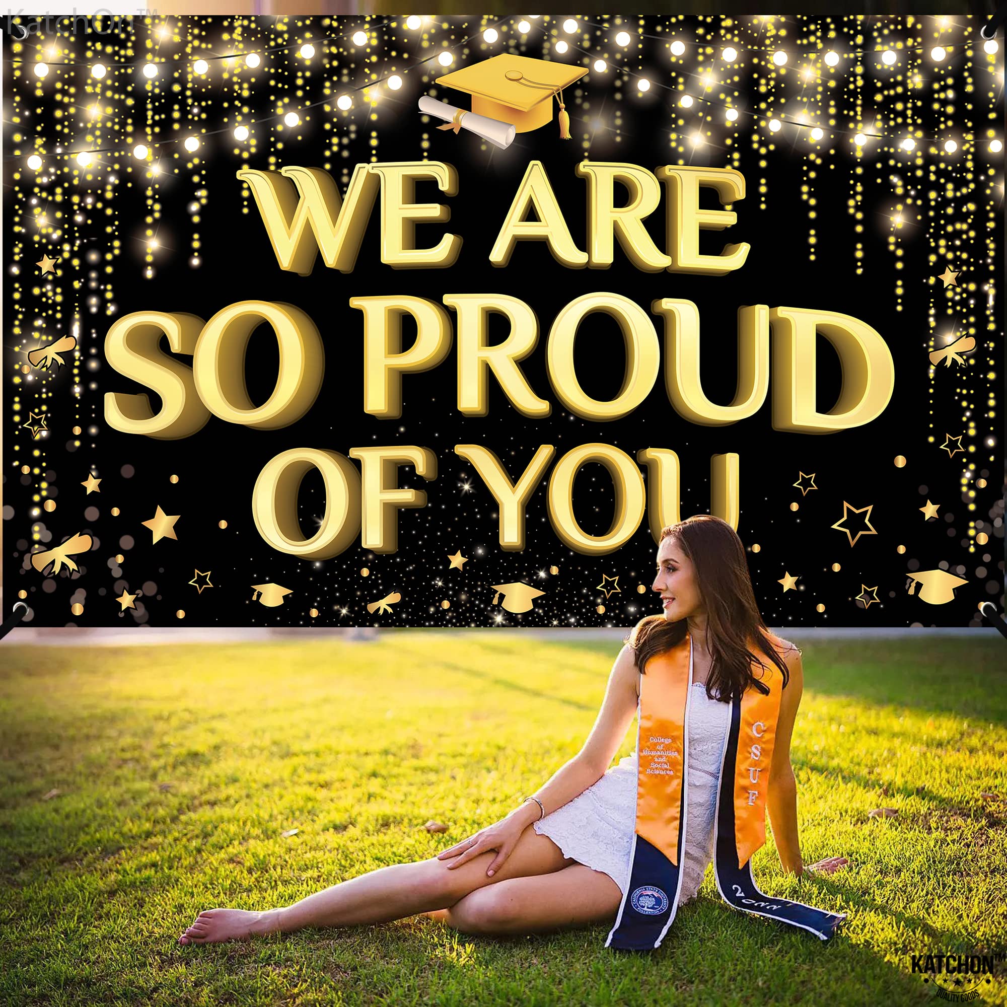 KatchOn Extra Large 72x44 Inch Black and Gold 'We Are So Proud of You' Graduation Banner 2026
