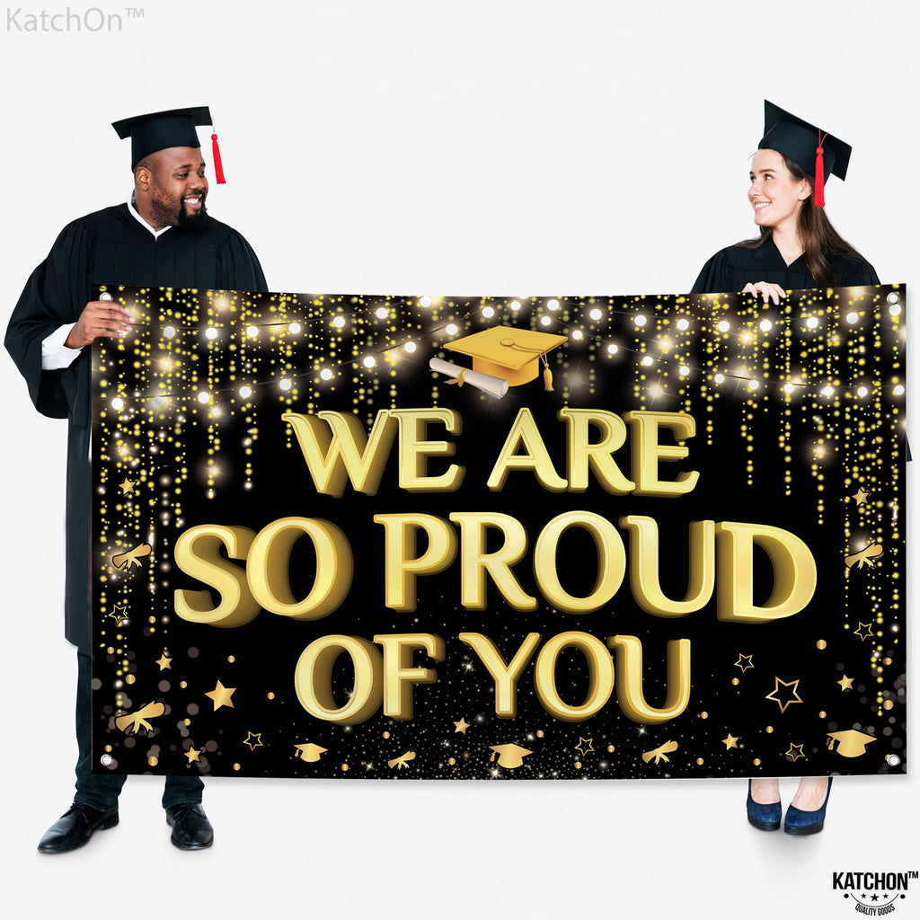 KatchOn Extra Large 72x44 Inch Black and Gold 'We Are So Proud of You' Graduation Banner 2026