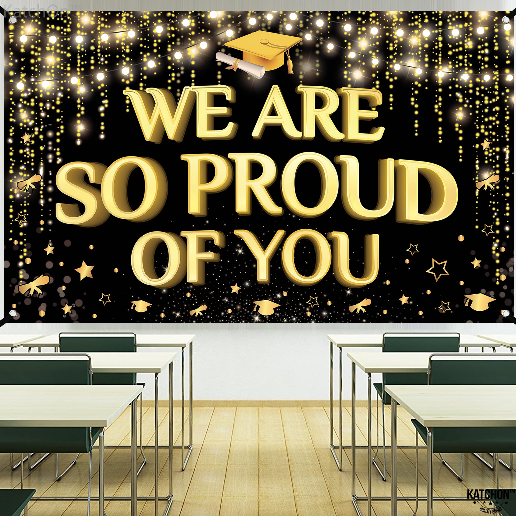 KatchOn Extra Large 72x44 Inch Black and Gold 'We Are So Proud of You' Graduation Banner 2026