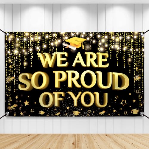 KatchOn Extra Large 72x44 Inch Black and Gold 'We Are So Proud of You' Graduation Banner 2026