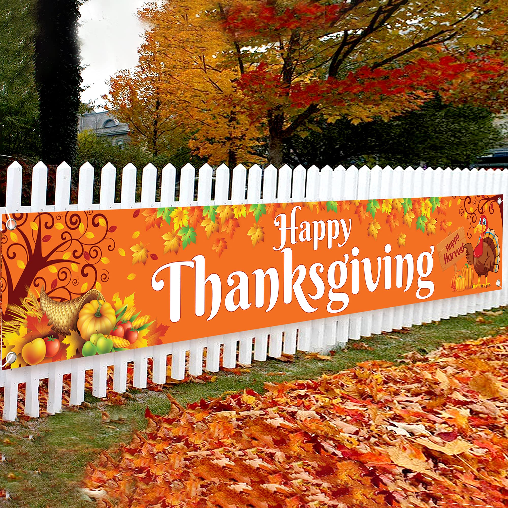 KatchOn Extra Large Thanksgiving Banner for Outdoor Yard Decor - 120x20 Inches, Orange Cloth Fabric