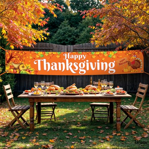 KatchOn Extra Large Thanksgiving Banner for Outdoor Yard Decor - 120x20 Inches, Orange Cloth Fabric