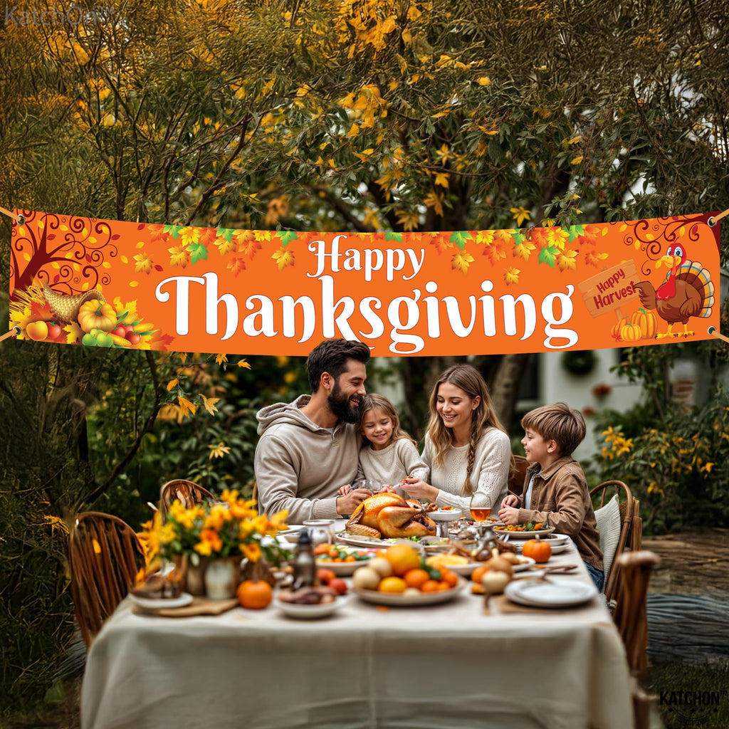 KatchOn Extra Large Thanksgiving Banner for Outdoor Yard Decor - 120x20 Inches, Orange Cloth Fabric