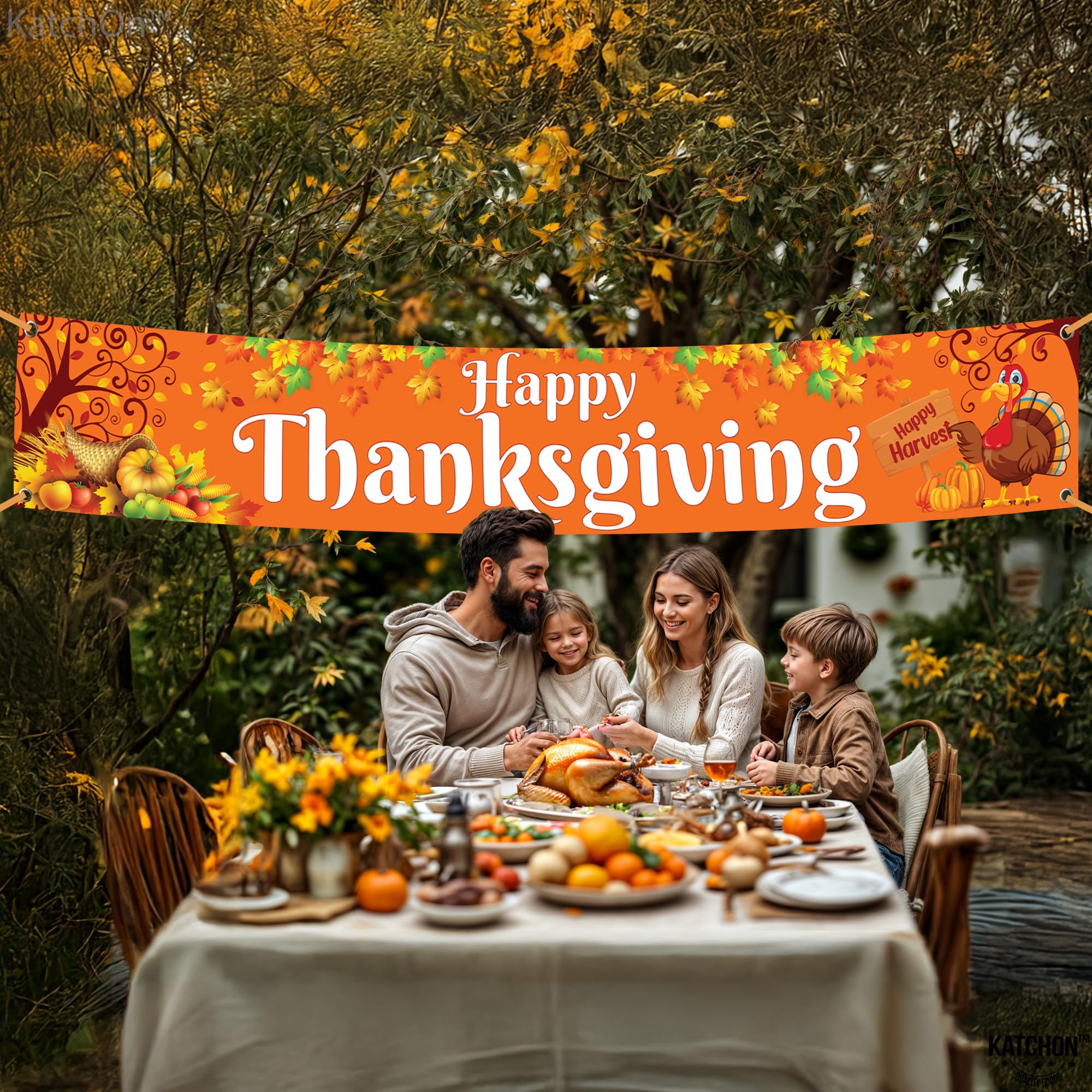 KatchOn Extra Large Thanksgiving Banner for Outdoor Yard Decor - 120x20 Inches, Orange Cloth Fabric