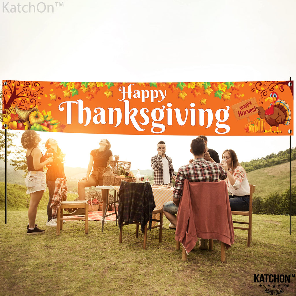 KatchOn Extra Large Thanksgiving Banner for Outdoor Yard Decor - 120x20 Inches, Orange Cloth Fabric