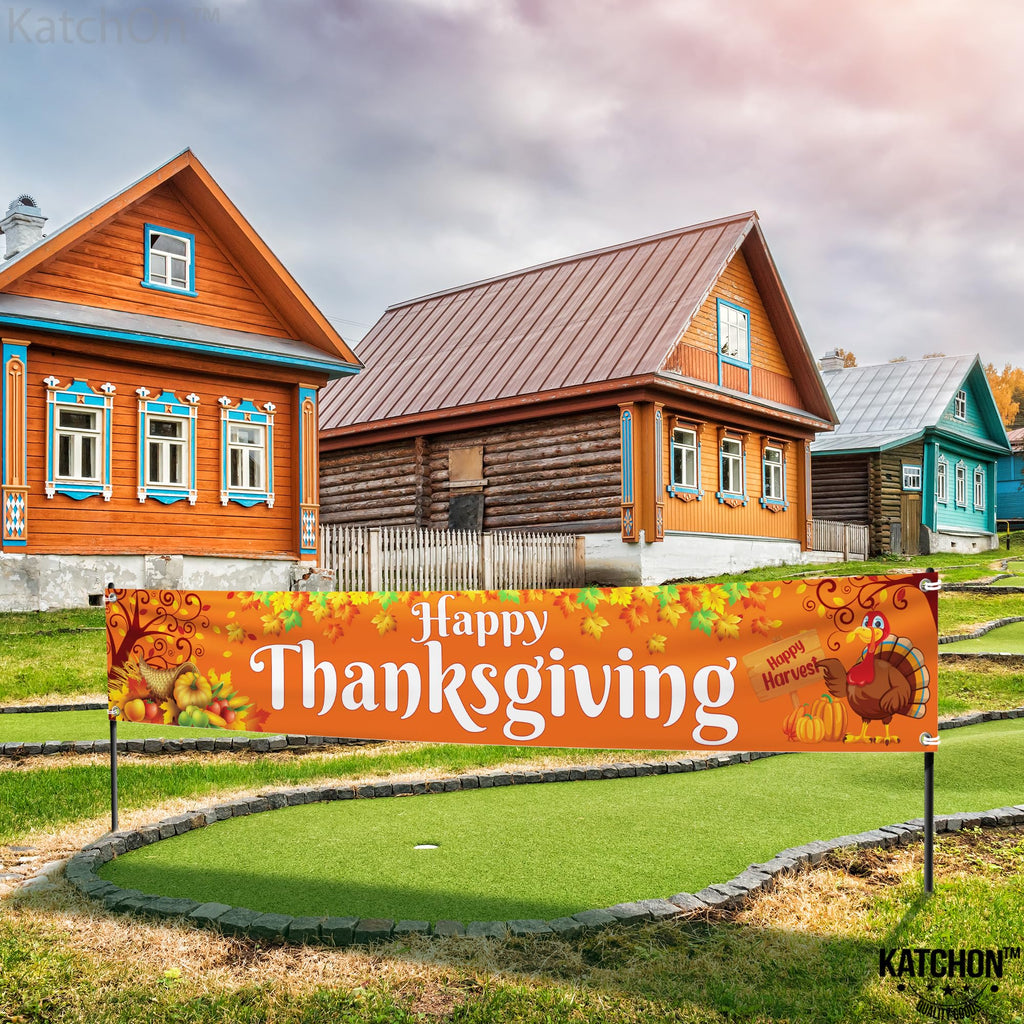KatchOn Extra Large Thanksgiving Banner for Outdoor Yard Decor - 120x20 Inches, Orange Cloth Fabric