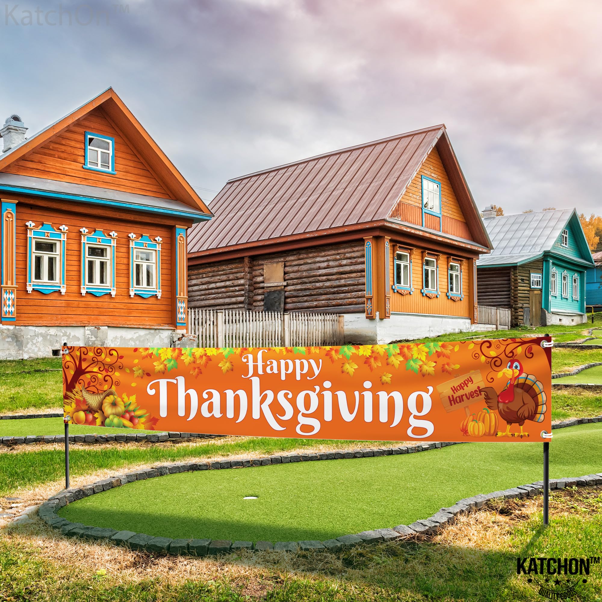 KatchOn Extra Large Thanksgiving Banner for Outdoor Yard Decor - 120x20 Inches, Orange Cloth Fabric