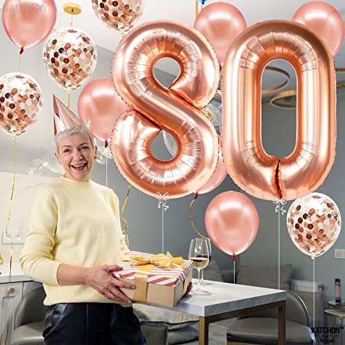 KatchOn Giant 40 Inch Rose Gold Number 80 Balloon Set for 80th Birthday or Anniversary Decorations