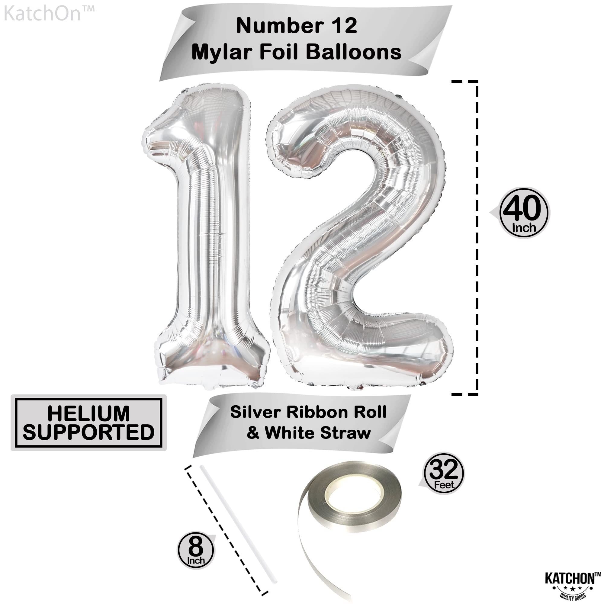 KatchOn Giant Silver Number 12 Balloon - 40 Inch Mylar Foil for Birthday or Anniversary Decorations