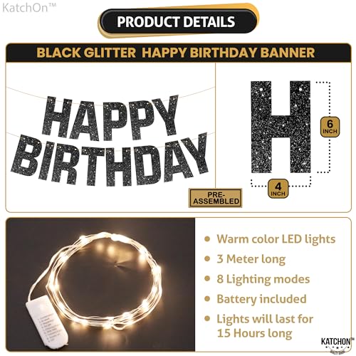 KatchOn Glitter Black Happy Birthday Banner Light Up - 10ft Prestrung LED with 8 Modes