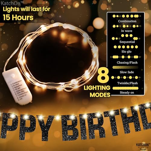 KatchOn Glitter Black Happy Birthday Banner Light Up - 10ft Prestrung LED with 8 Modes