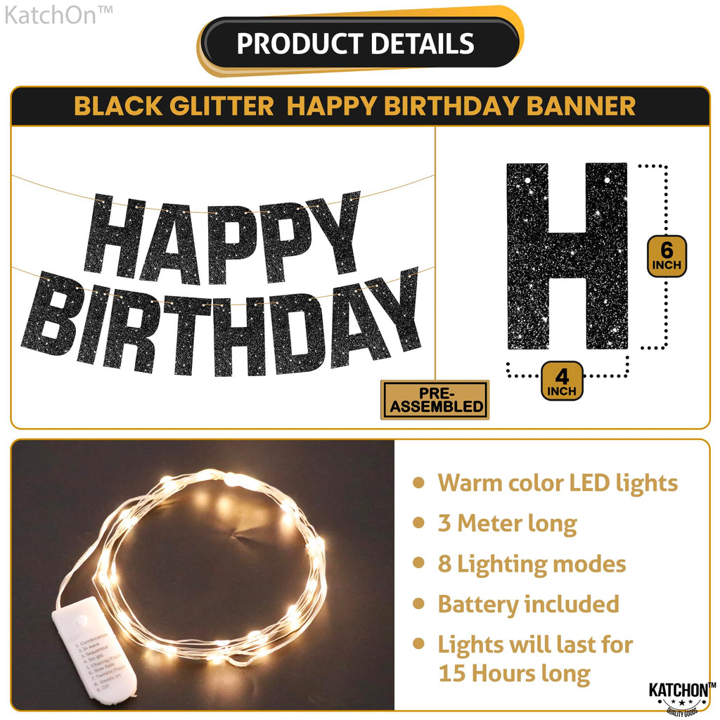 KatchOn Glitter Black Happy Birthday Banner Light Up - 10ft Prestrung LED with 8 Modes