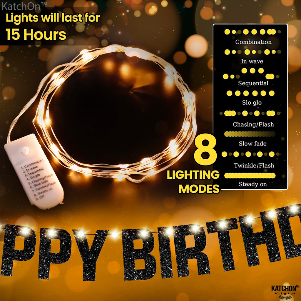 KatchOn Glitter Black Happy Birthday Banner Light Up - 10ft Prestrung LED with 8 Modes