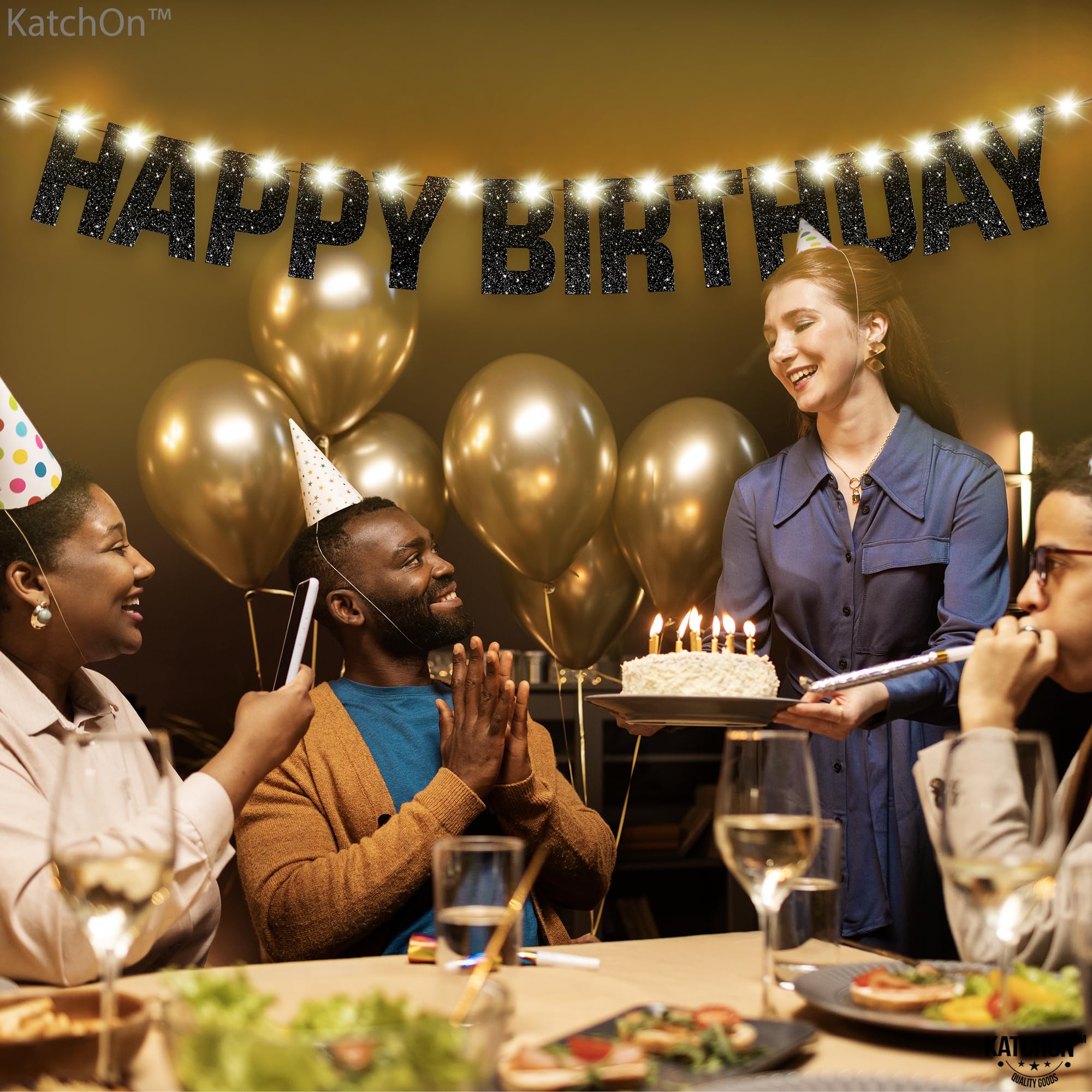 KatchOn Glitter Black Happy Birthday Banner Light Up - 10ft Prestrung LED with 8 Modes