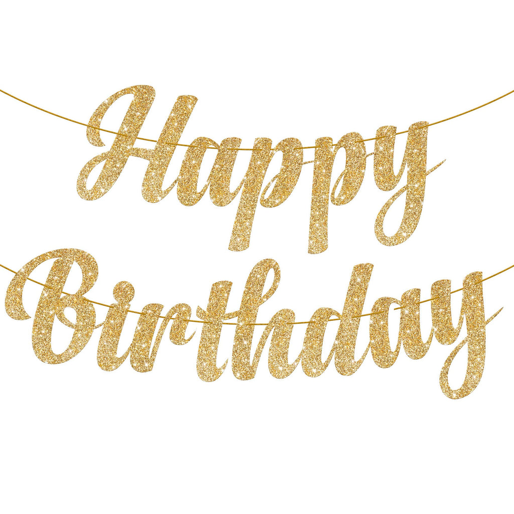 KatchOn Glitter Gold Happy Birthday Banner – 10 Feet Pre-Strung Reusable Cardstock
