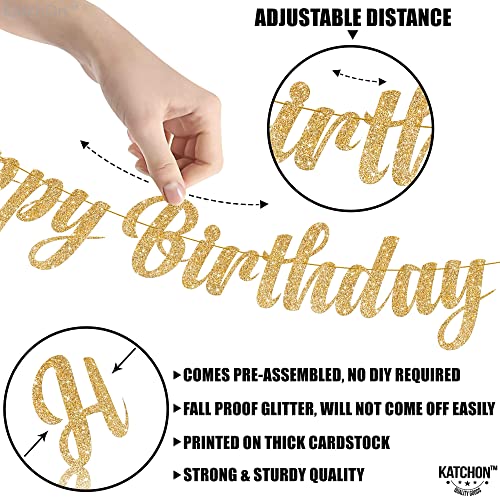 KatchOn Glitter Gold Happy Birthday Banner – 10 Feet Pre-Strung Reusable Cardstock