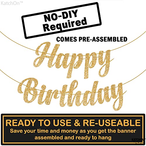 KatchOn Glitter Gold Happy Birthday Banner – 10 Feet Pre-Strung Reusable Cardstock