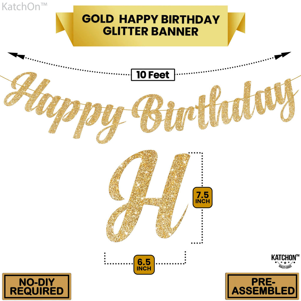 KatchOn Glitter Gold Happy Birthday Banner – 10 Feet Pre-Strung Reusable Cardstock