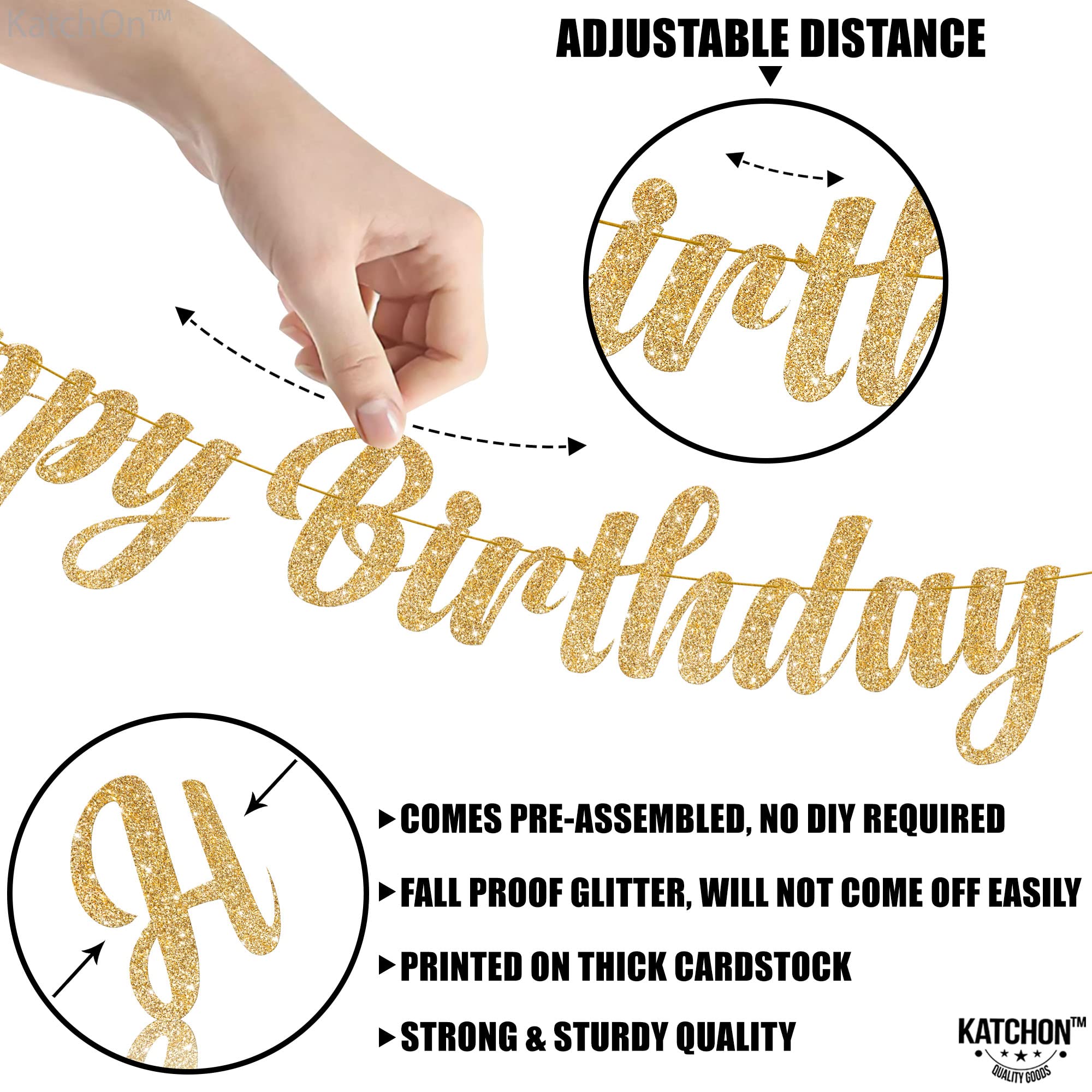 KatchOn Glitter Gold Happy Birthday Banner – 10 Feet Pre-Strung Reusable Cardstock
