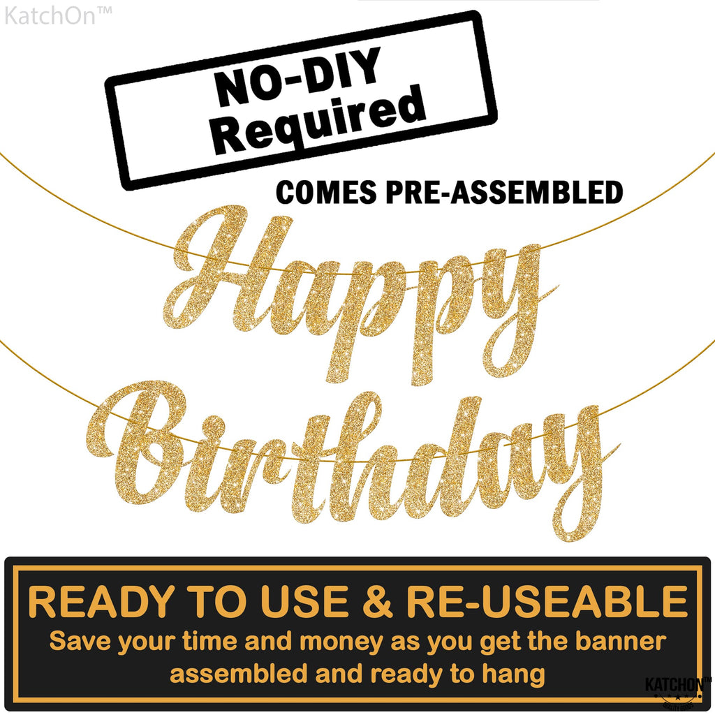 KatchOn Glitter Gold Happy Birthday Banner – 10 Feet Pre-Strung Reusable Cardstock