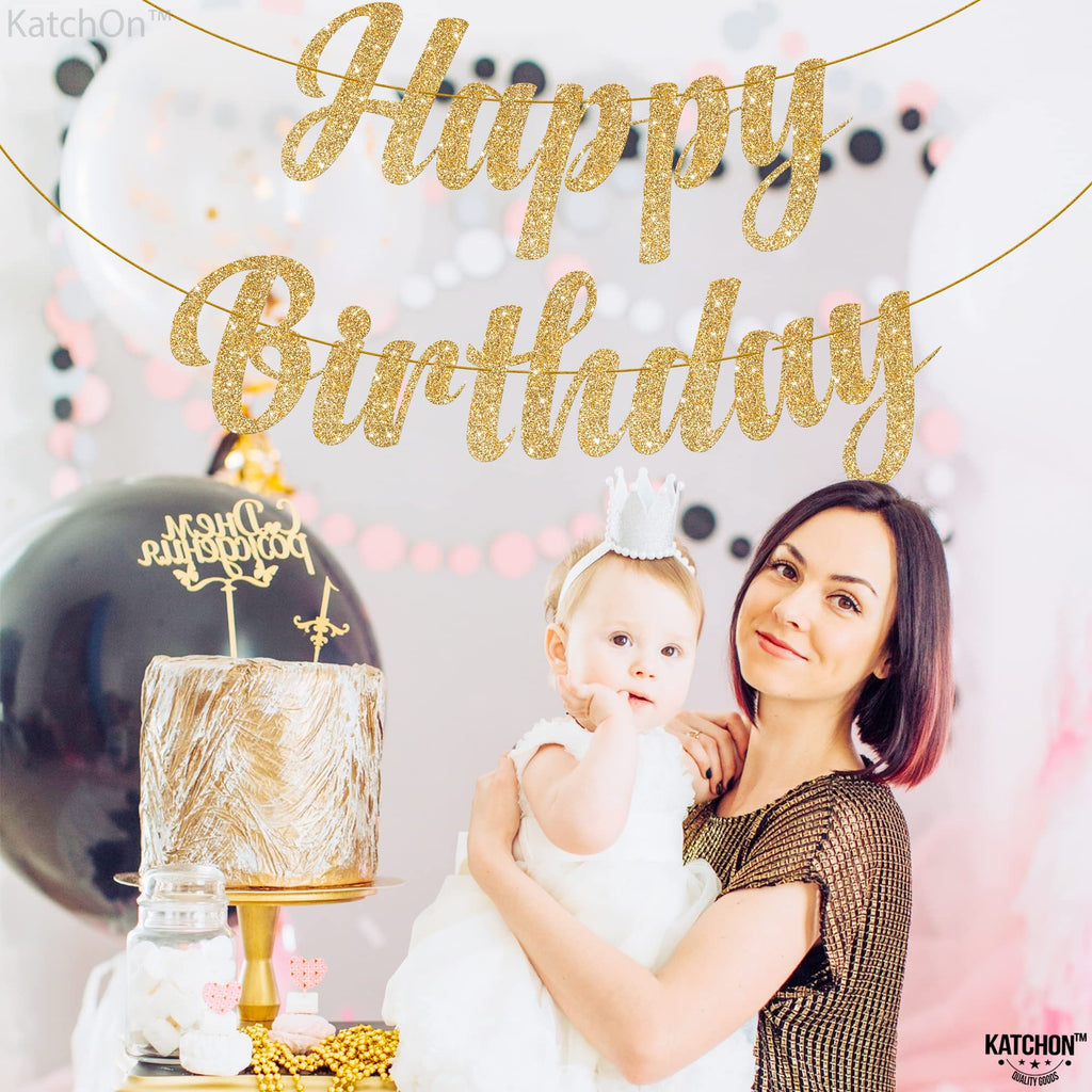 KatchOn Glitter Gold Happy Birthday Banner – 10 Feet Pre-Strung Reusable Cardstock