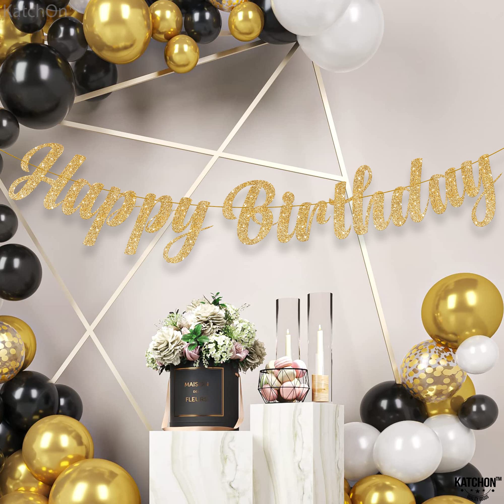 KatchOn Glitter Gold Happy Birthday Banner – 10 Feet Pre-Strung Reusable Cardstock