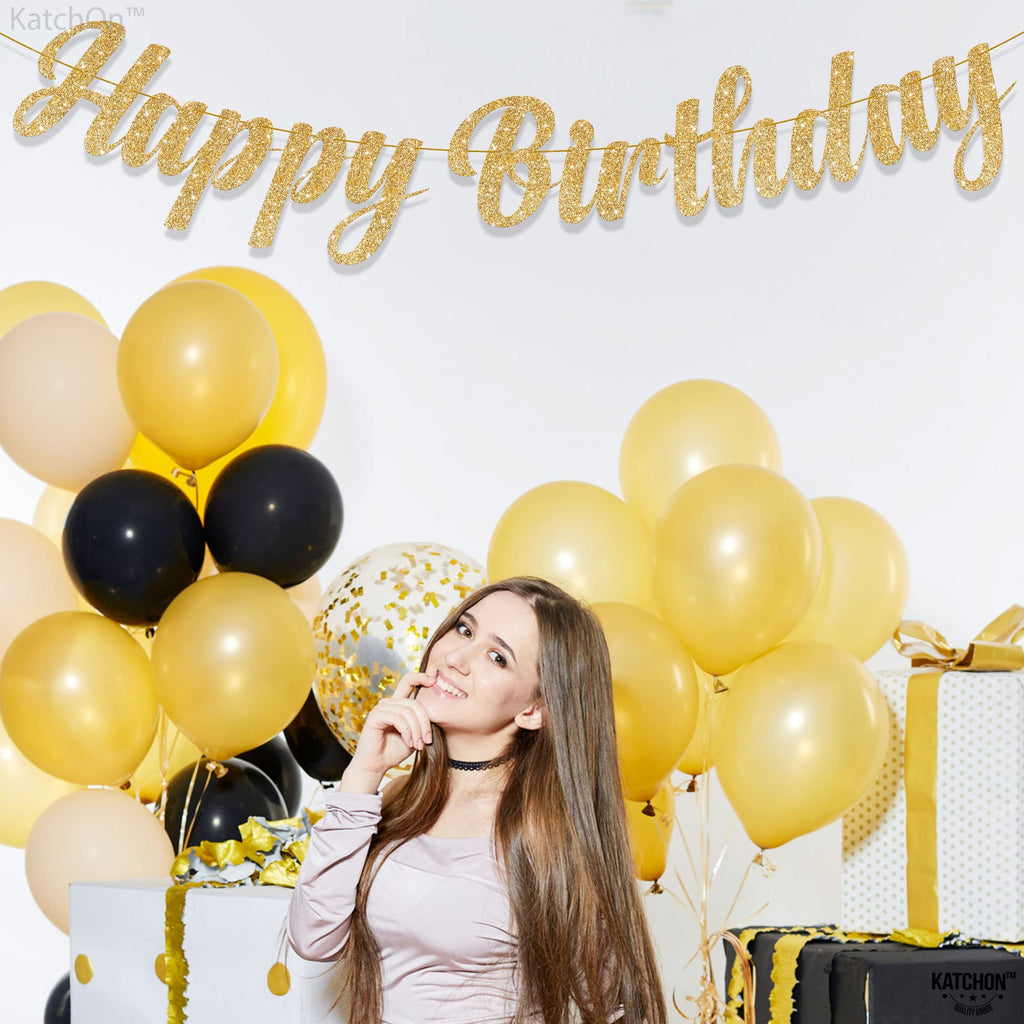 KatchOn Glitter Gold Happy Birthday Banner – 10 Feet Pre-Strung Reusable Cardstock