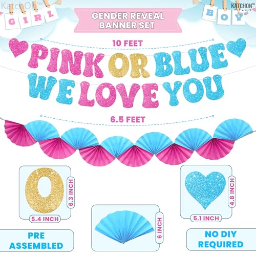 KatchOn Glitter Pink & Blue We Love You Banner 10ft - Gender Reveal Party Decor