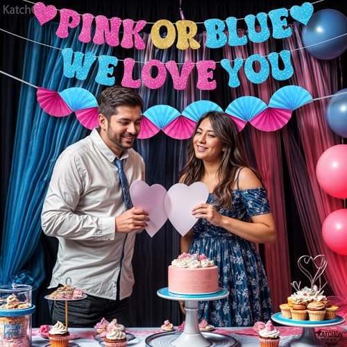 KatchOn Glitter Pink & Blue We Love You Banner 10ft - Gender Reveal Party Decor