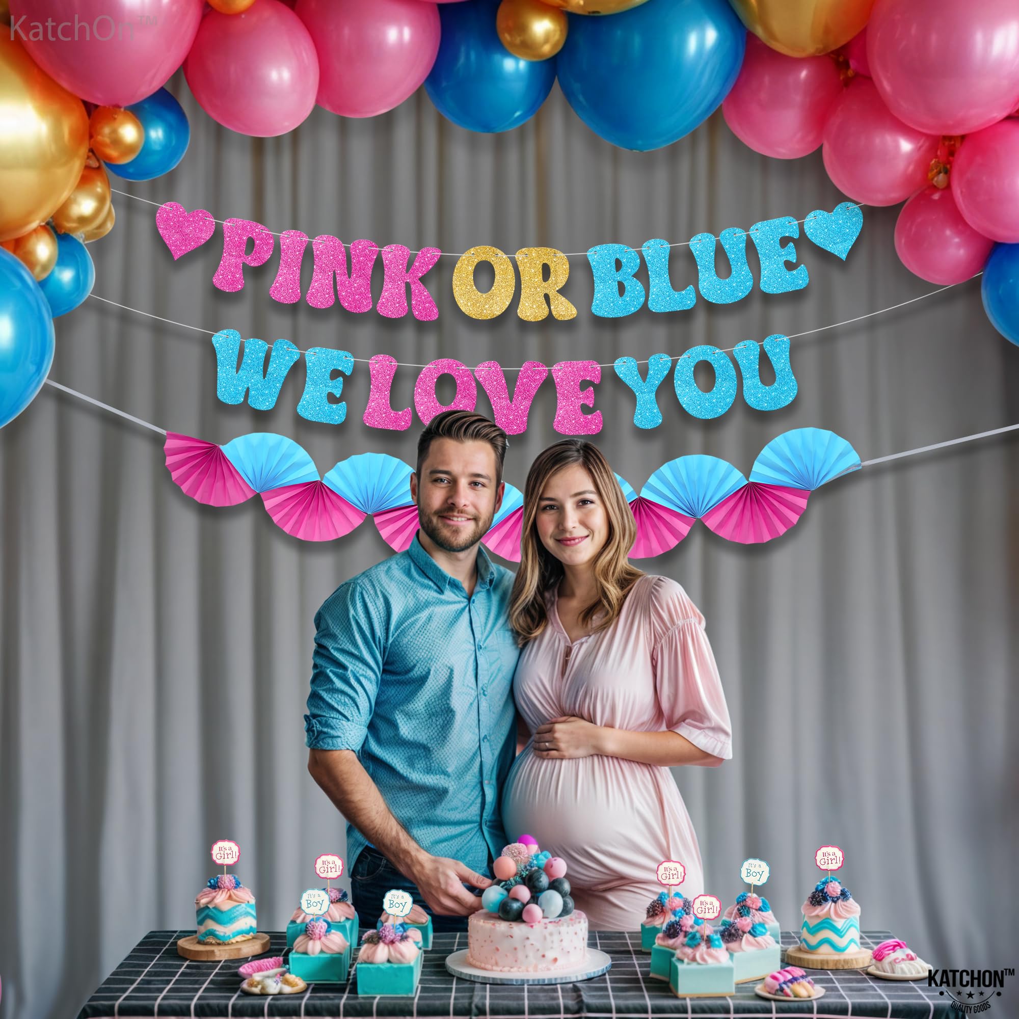 KatchOn Glitter Pink & Blue We Love You Banner 10ft - Gender Reveal Party Decor