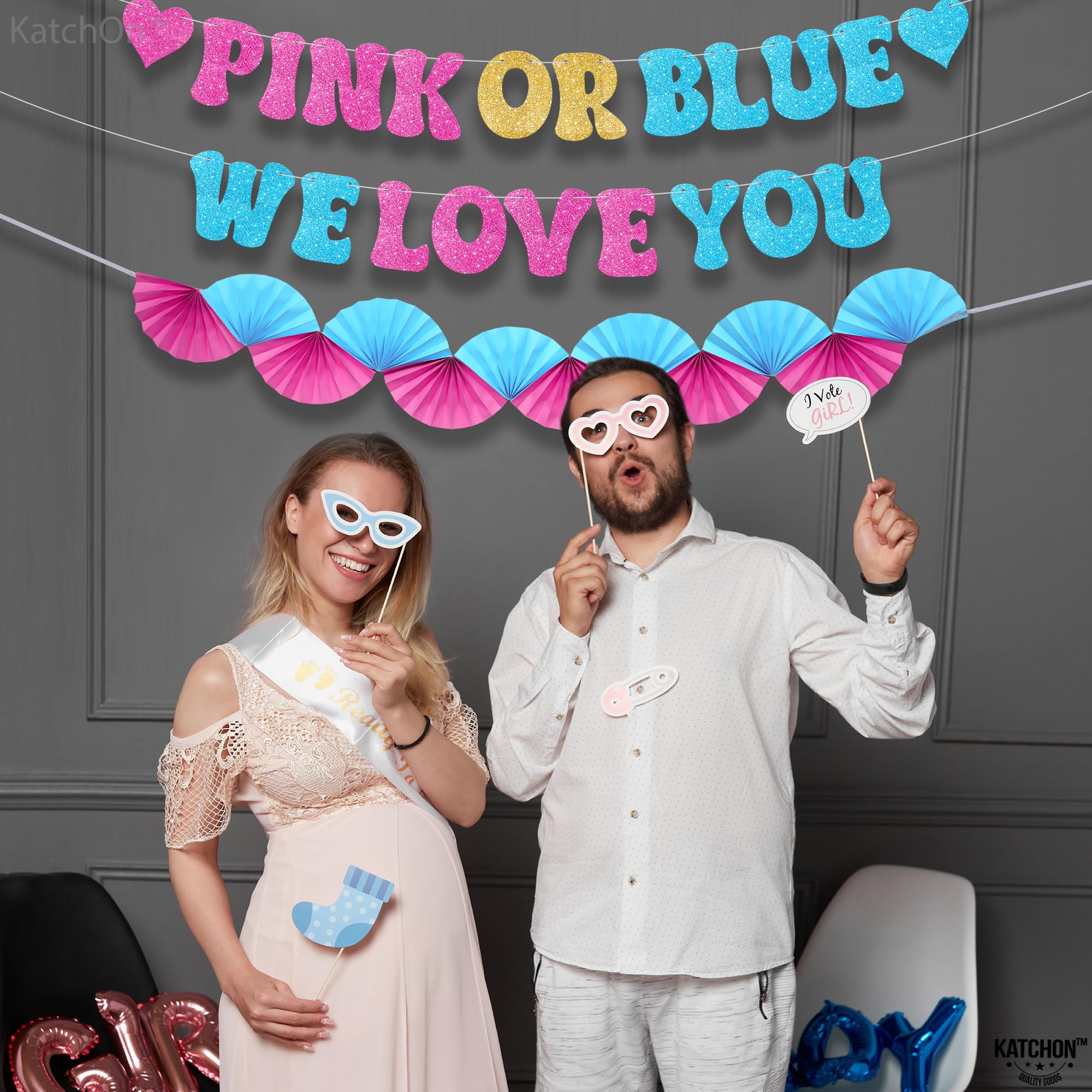 KatchOn Glitter Pink & Blue We Love You Banner 10ft - Gender Reveal Party Decor
