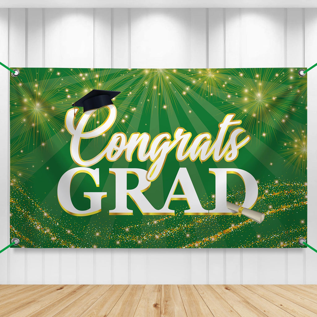 KatchOn Green Congrats Grad Banner 72x44 Inch – Reusable Green & Gold Graduation Backdrop for 2026